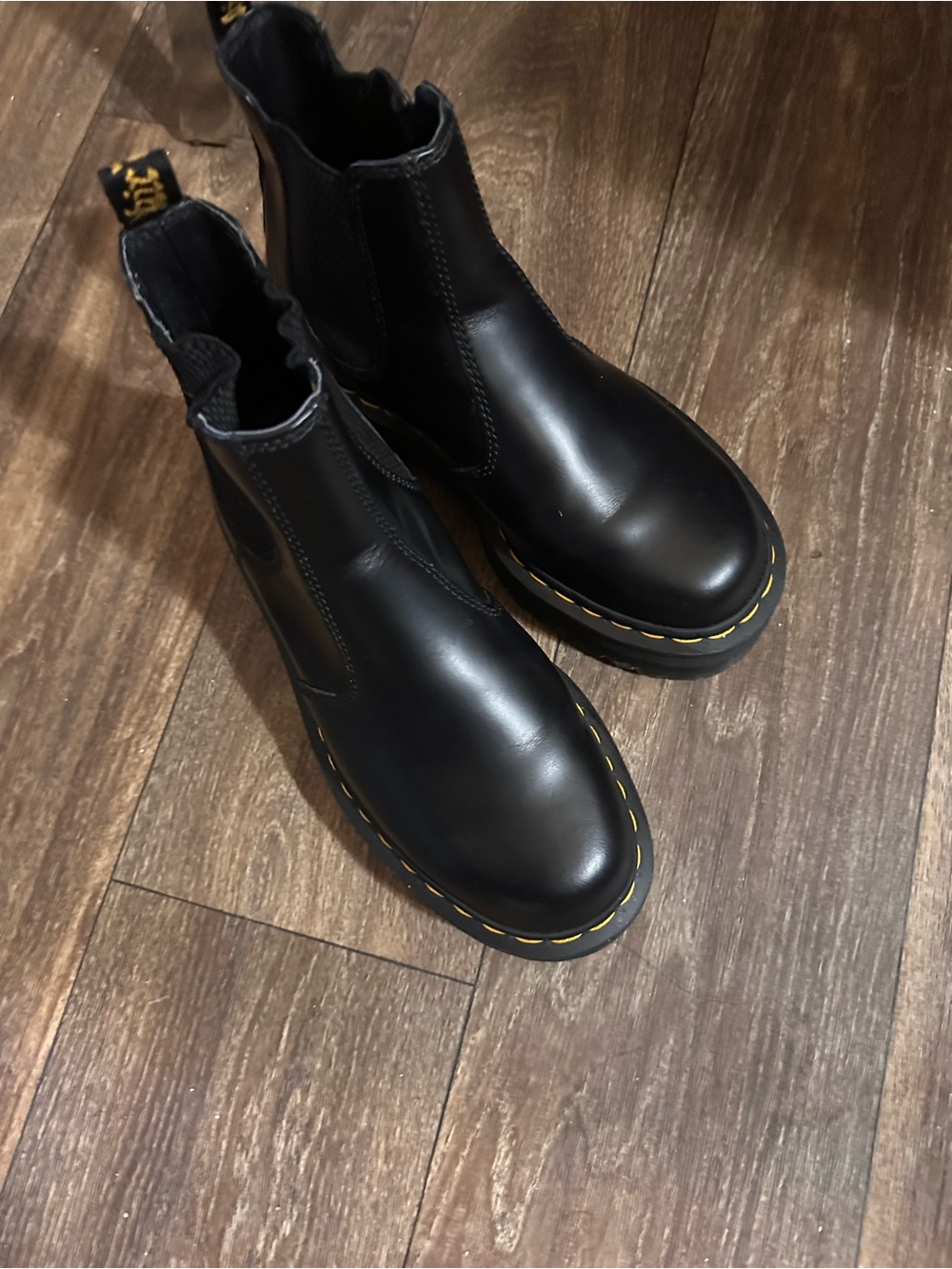 Dr. Martens Black Leather Chelsea-Style Chukka Boots with Yellow Stitching